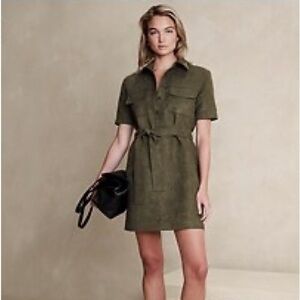 BANANA REPUBLIC- Vegan Suede Mini Shirt Dress. Olive. Size Medium. Retail $120